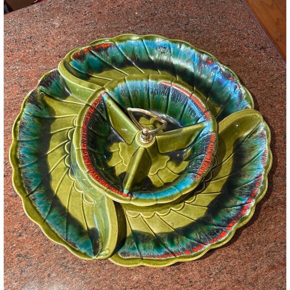 SOLD Mid Century Modern California Pottery Chip and Dip Set 1950s Lazy Susan - Picture 1 of 5